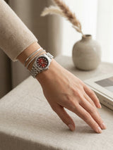 Montre argentée & duo de bracelets — Bordeaux / rouge