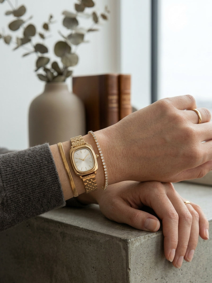 Montre dorée et duo de bracelets